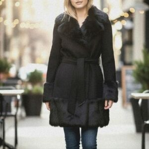 RUDSAK Black  Rabbit Fur-Accented Trench Coat Vintage Belted